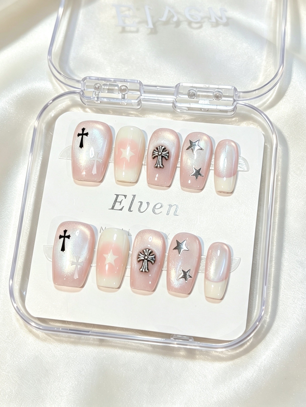 Pearl Pink Cat Eye Short Square Cross & Star Handmade Press On Nail Set
